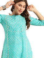 Varanga Turquoise And White Leheriya Printed Kurta With Gota Work On Yoke