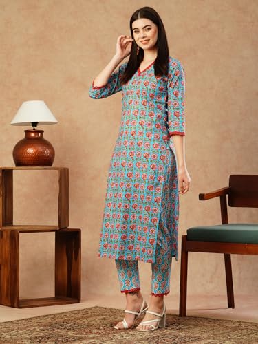 ANNI DESIGNER Womens Cotton Blend Straight Printed Kurta with Pant (Balajyoti Blue-NW_S_Blue_Small)