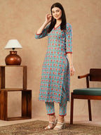 ANNI DESIGNER Womens Cotton Blend Straight Printed Kurta with Pant (Balajyoti Blue-NW_S_Blue_Small)