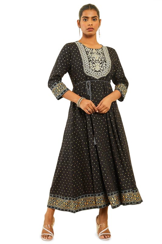 Soch Womens Black Rayon Printed Ankle-Length Dress Kurta With Embroidered Yoke