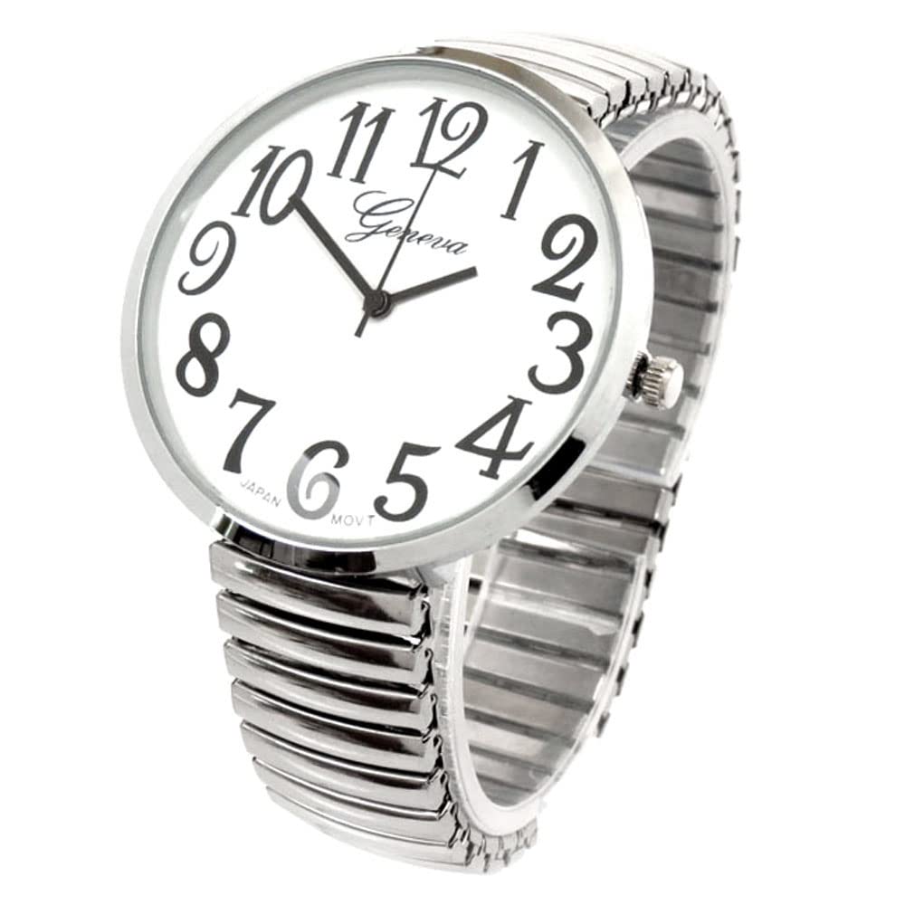 Blekon Collections Silver Super Large White Face Case Size 43mm EXTRA LARGE Stretch Band Japanese Movement PC21J Fashion Watch