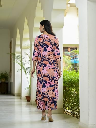 ANNI DESIGNER Womens Cotton Blend Straight Printed Kurta with Palazzo (Chinki Navy_M_Navy_Medium)
