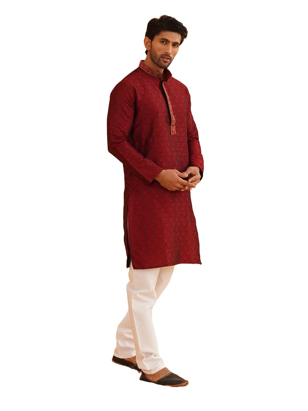 Sojanya (Since 1958, MenS Silk Blend Maroon Kurta And Off White Churidar Pyjama Set, Size: 38