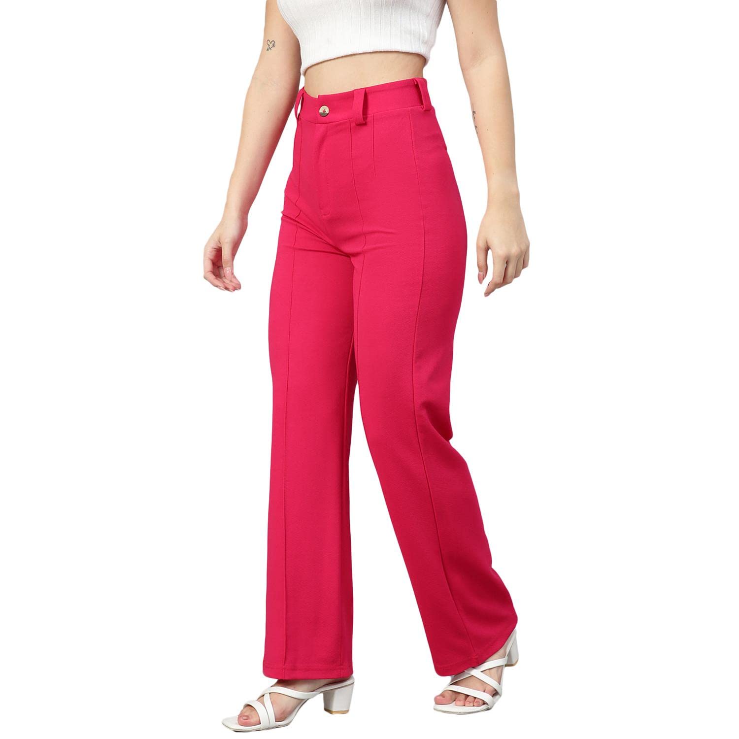 Kotty Womens High Rise Viscose Rayon Solid Trousers Rani Pink