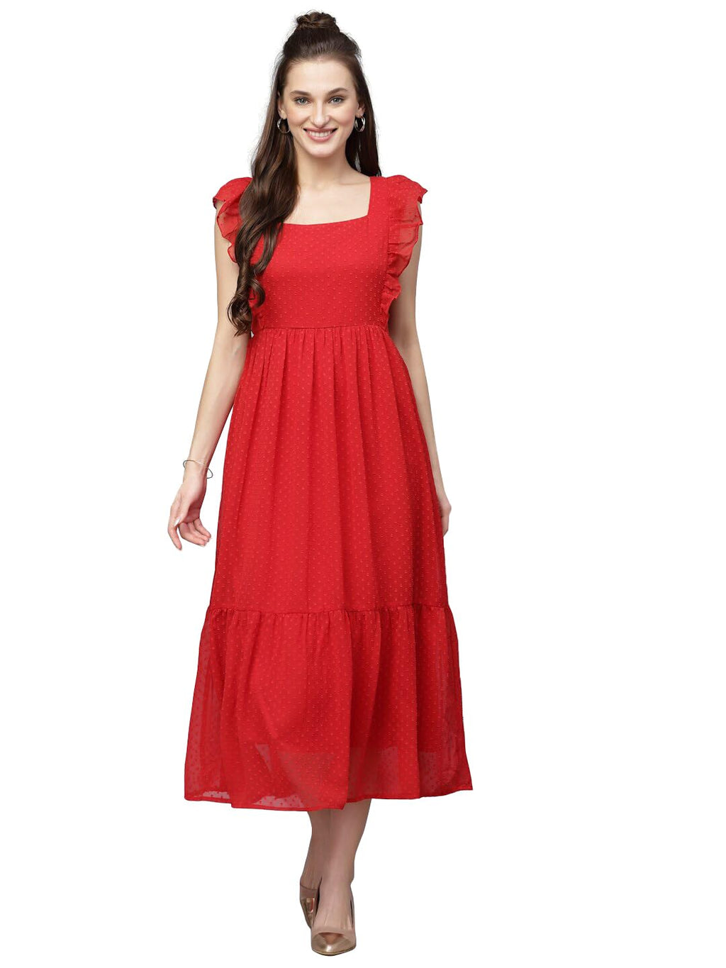 Sugathari Georgette Jacquard Butti Red Square Neck Knee Length Western Dresses for Women (Dress2 89 Red XL)