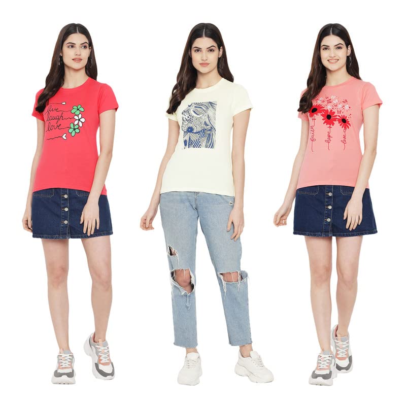 Preneum Womens Cotton Regular Fit Latest Graphic Stylish Printed Short Sleeves Casual T-Shirt || Trendy (Pack 3), Pink & Off Wh