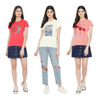 Preneum Womens Cotton Regular Fit Latest Graphic Stylish Printed Short Sleeves Casual T-Shirt || Trendy (Pack 3), Pink & Off Wh