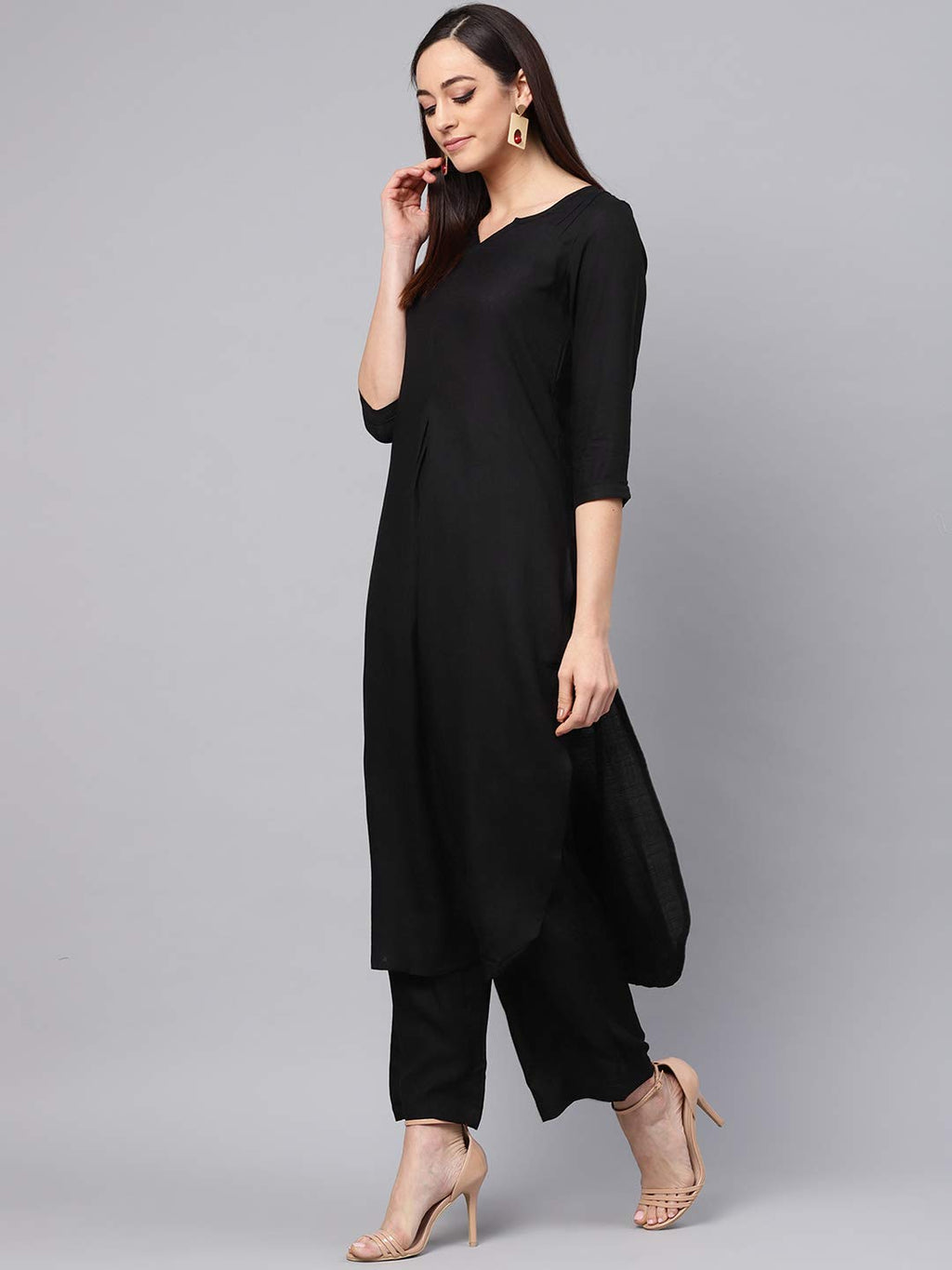 Idalia Rayon Solid Straight Black Kurta Set For Women 3/4 Sleeve, Round V Neck Designer Kurta With Palazzo Pant Set