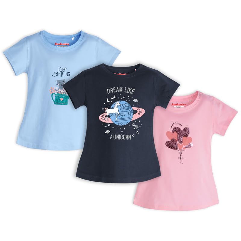 Real Basics Cotton Regular Fit Half Sleeve Cotton TShirts For Girls Pack Of 3 (RbGHtopP31314Kepsmilng_Satrn_Boque) 13-14