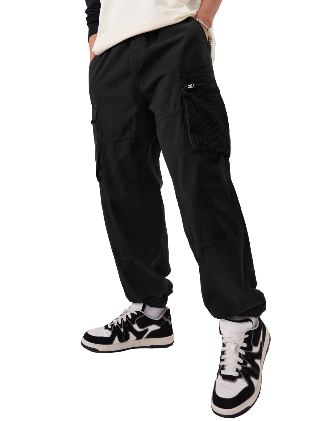 The Souled Store Solids: Dark Black Men and Boys Cotton Super Baggy Fit Cargo Joggers