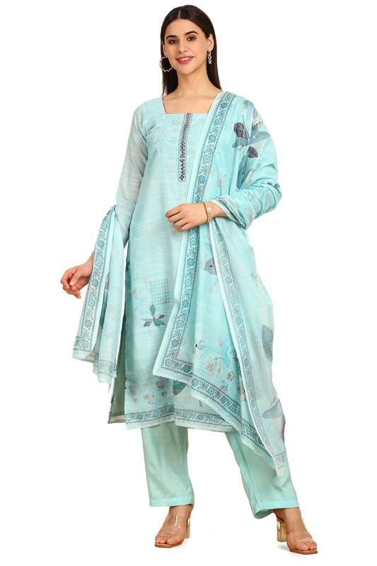 Soch Women Floral Print Linen Unstitched Dress Material with Mirrors