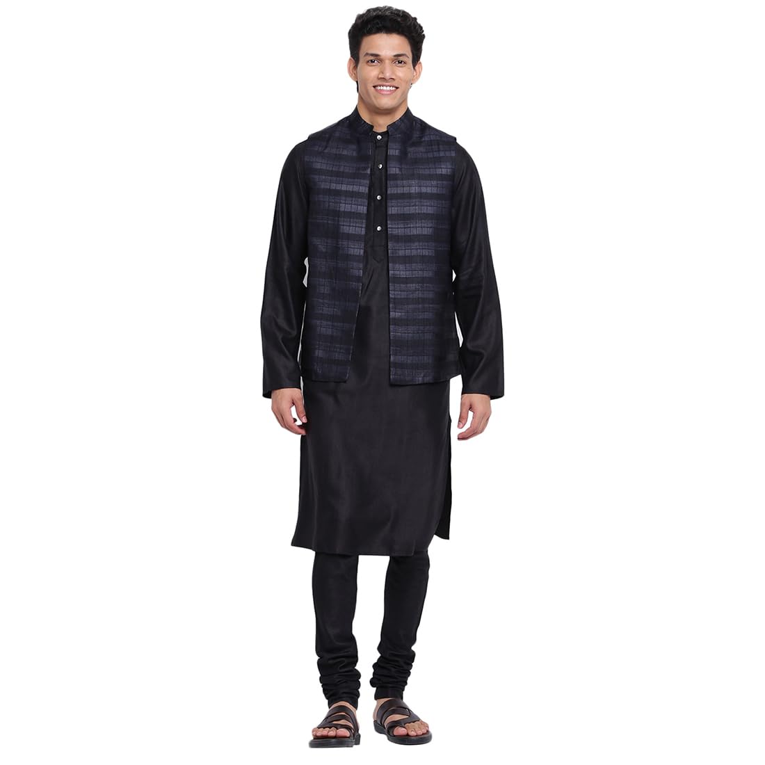 Fabindia MenS Viscose Silk Slim 3Pc Set (102410701_Black