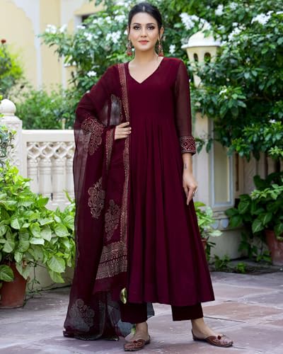 ANNI DESIGNER Womens Rayon Blend Solid Anarkali Kurta with Pant & Dupatta (MAGIC-WINE_L_Wine_Large)