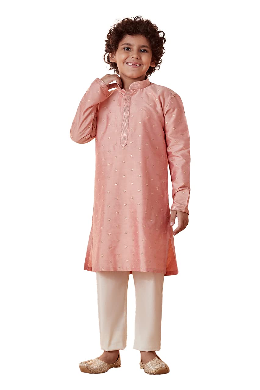 Manyavar Boys Kurta & Pajama Set, Mandarin Collar with Button Closure, Full Sleeve Kurta Set for Kids, Self Design, Blended Silk