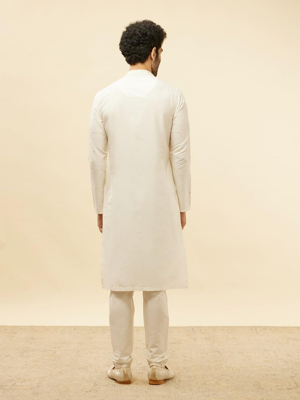 Manyavar Mens Warm White Blended Viscose Embroidered Kurta Pyjama Set