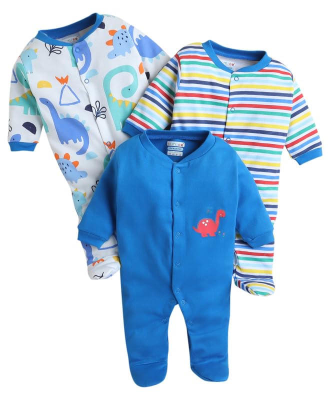 BUMZEE Royal Blue & Multi Baby Boys Full Sleeves Sleepsuit Pack of 3 Age - New Born (Peb10042A-rbl)