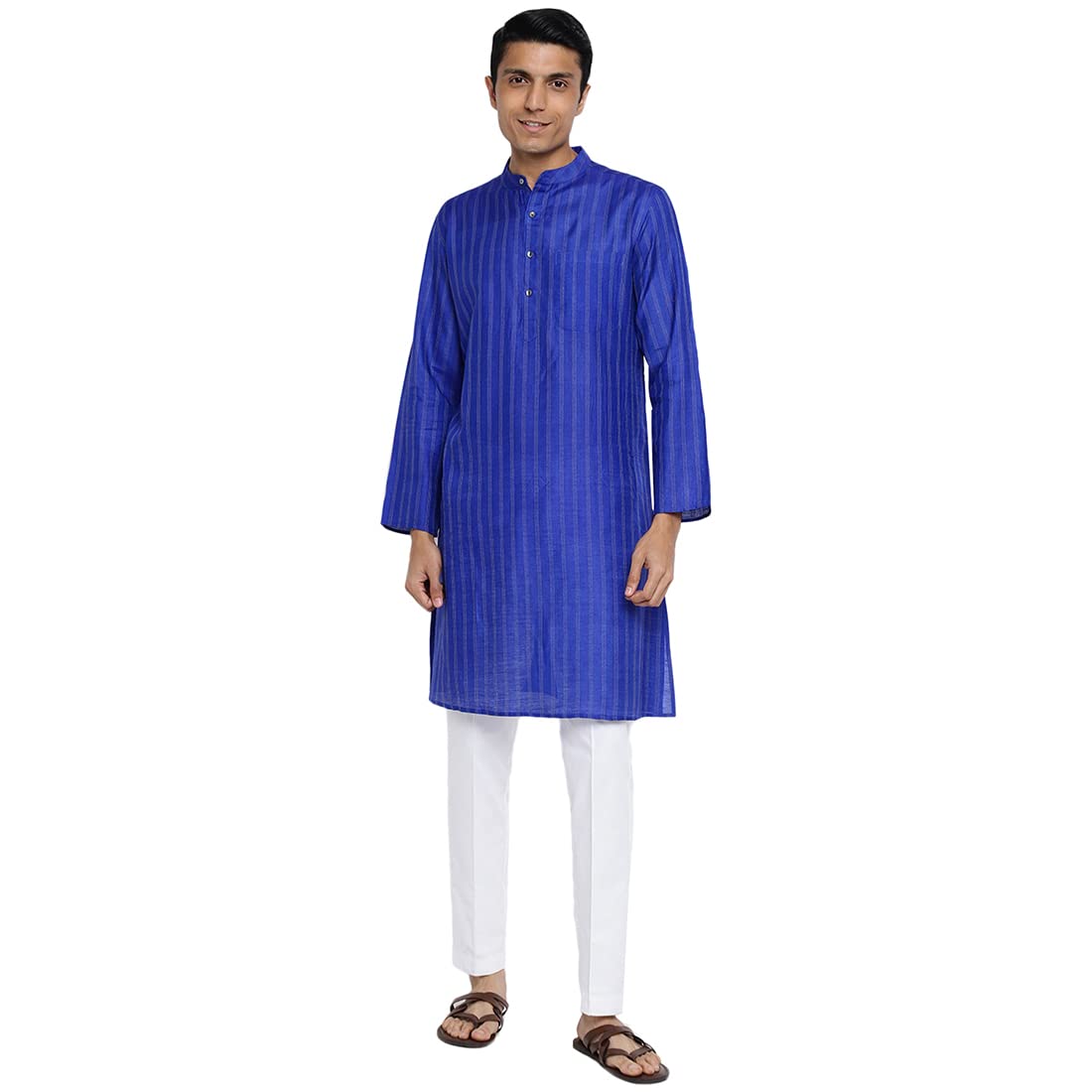 Fabindia Men Silk Blend Striped Long Kurta Blue_S
