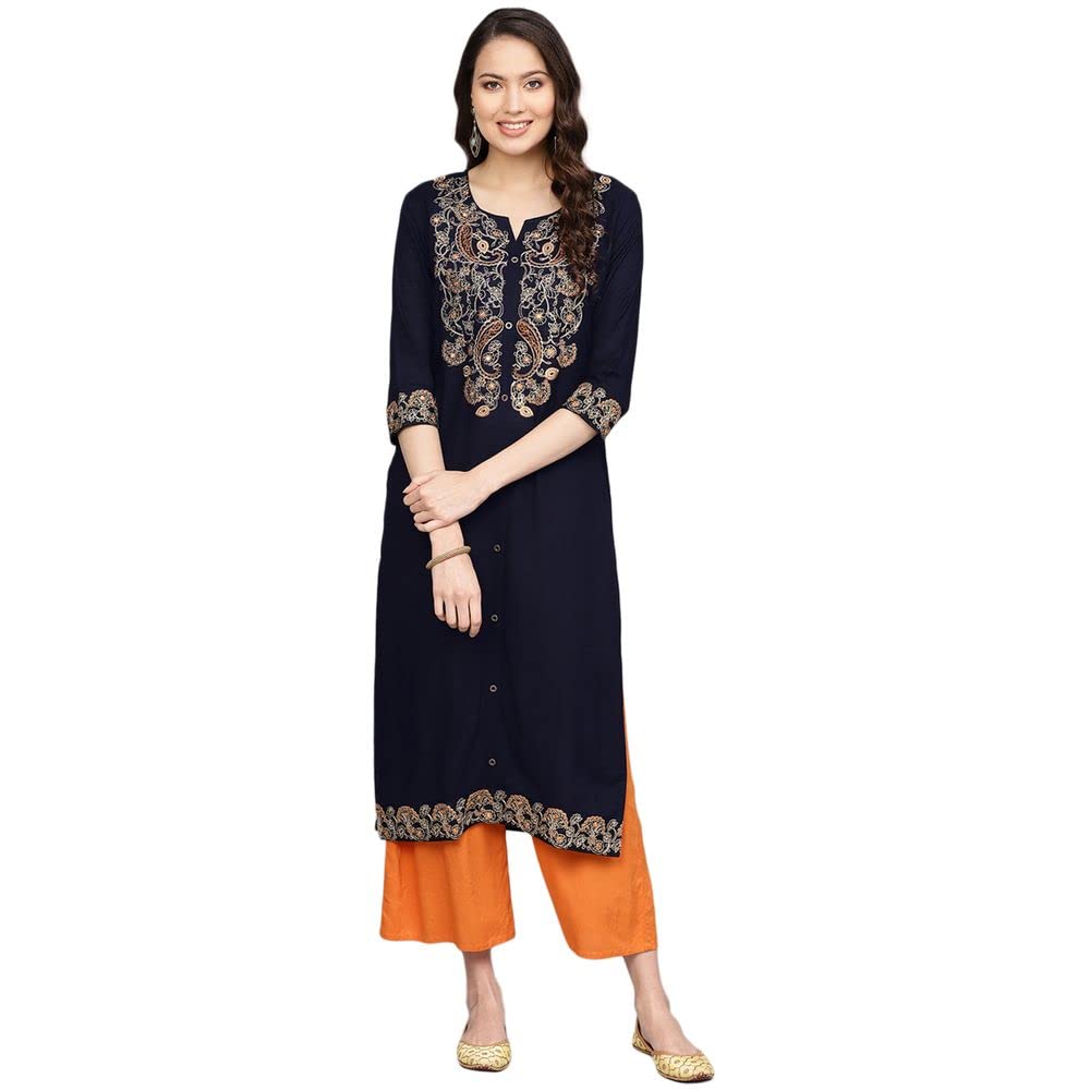 Anubhutee Women'S Rayon Blue Thread Work Paisley Embroidered Straight Kurta
