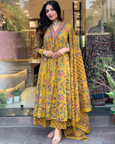 ANNI DESIGNER Womens Rayon Blend Anarkali Printed Kurta with Pant & Dupatta (CIA YELLOW-VKS01_M_Yellow_Medium)