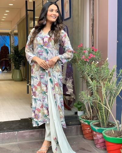 ANNI DESIGNER Womens Cotton Blend Straight Printed Kurta with Pant & Dupatta (Habibi Grey_5XL_Grey_XXXXX-Large)