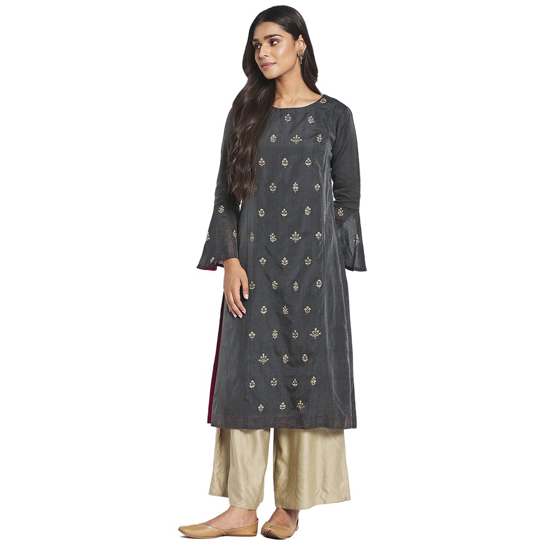 Fabindia Women Cotton Silk Embroidered Slim Fit Long Kurta Grey
