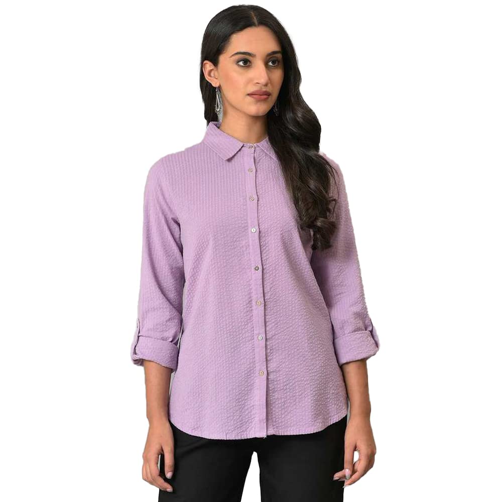 W Light Purple Textured Cotton Shirt-Style Top for Women