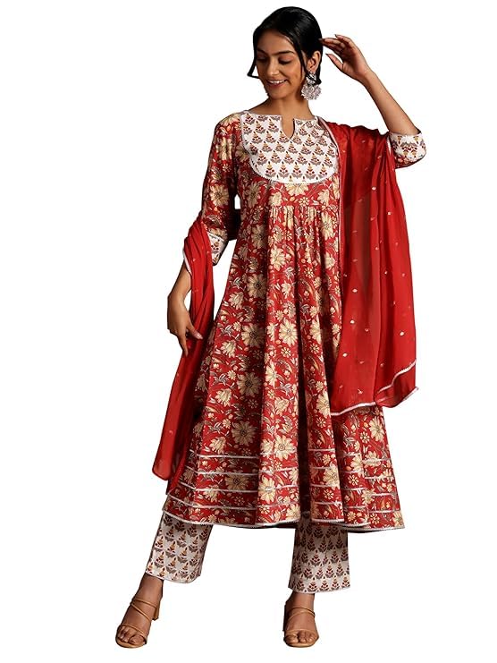 Libas Women Cotton Red Printed Anarkali Kurta Set With Trousers & Dupatta, Large