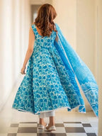 Tee Projekt WomenS Cotton Blend Floral Printed Anarkali Kurta Pant With Dupatta Set Ll Round Neck Ll Blue Kurta Set
