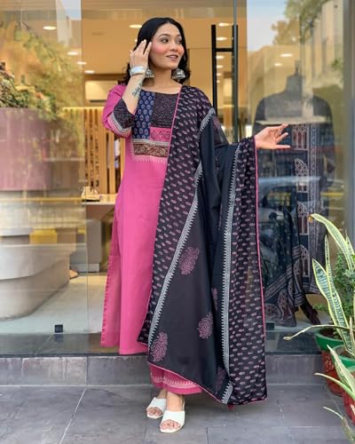 ANNI DESIGNER Womens Cotton Blend Straight Printed Kurta with Pant & Dupatta (Radhani Pink_XL_Pink_X-Large)