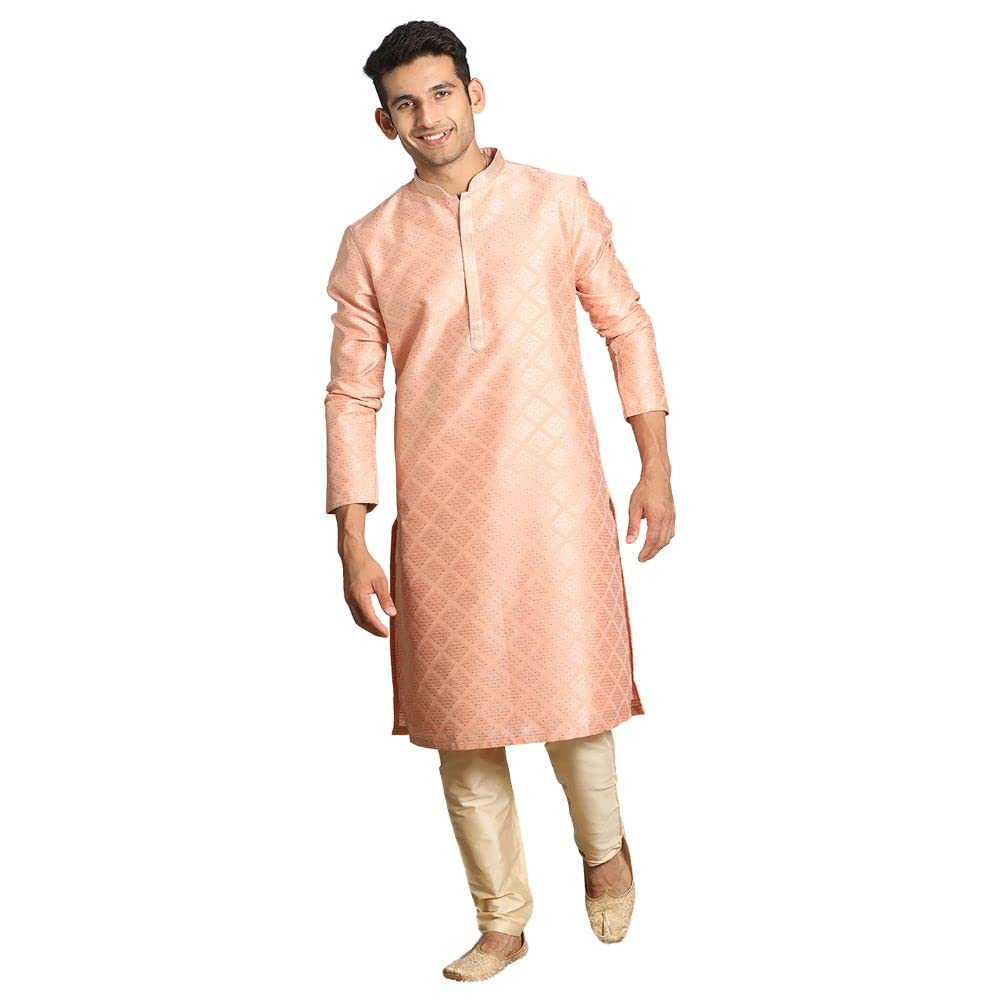 Manyavar Kurta Set For Men, Full Sleeves Mandarin Collar Ethnic Kurta Sets For Engagement, Wedding, Party Kurta Set Art Silk (Pe