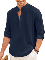 Macsivo MenS Casual Cotton Polyester Blend Long Sleeve Henley Short Kurta | Lightweight Summer Kurta Navy
