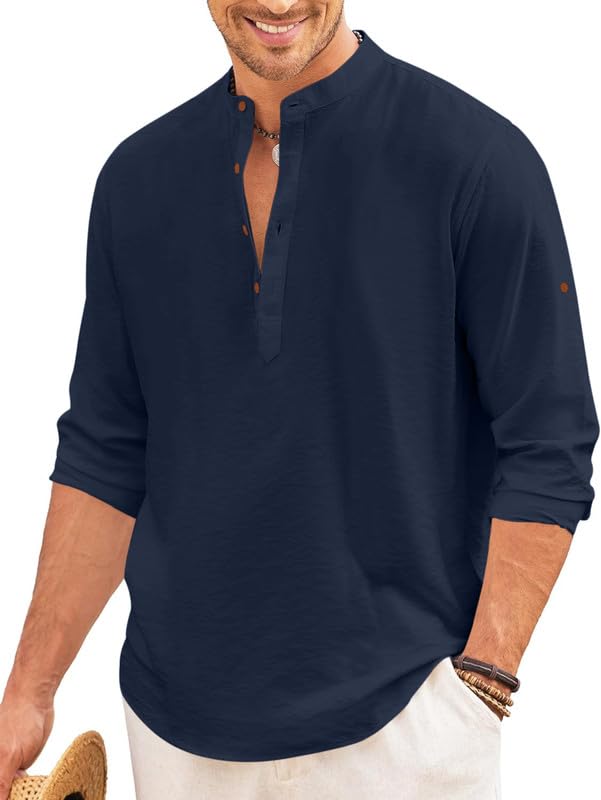 Macsivo MenS Casual Cotton Polyester Blend Long Sleeve Henley Short Kurta | Lightweight Summer Kurta Navy