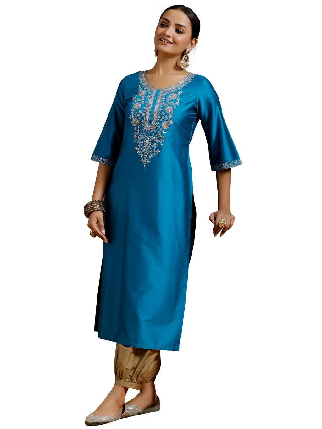 Gerua By Libas Womens Embroidered Silk Straight Kurta For Women