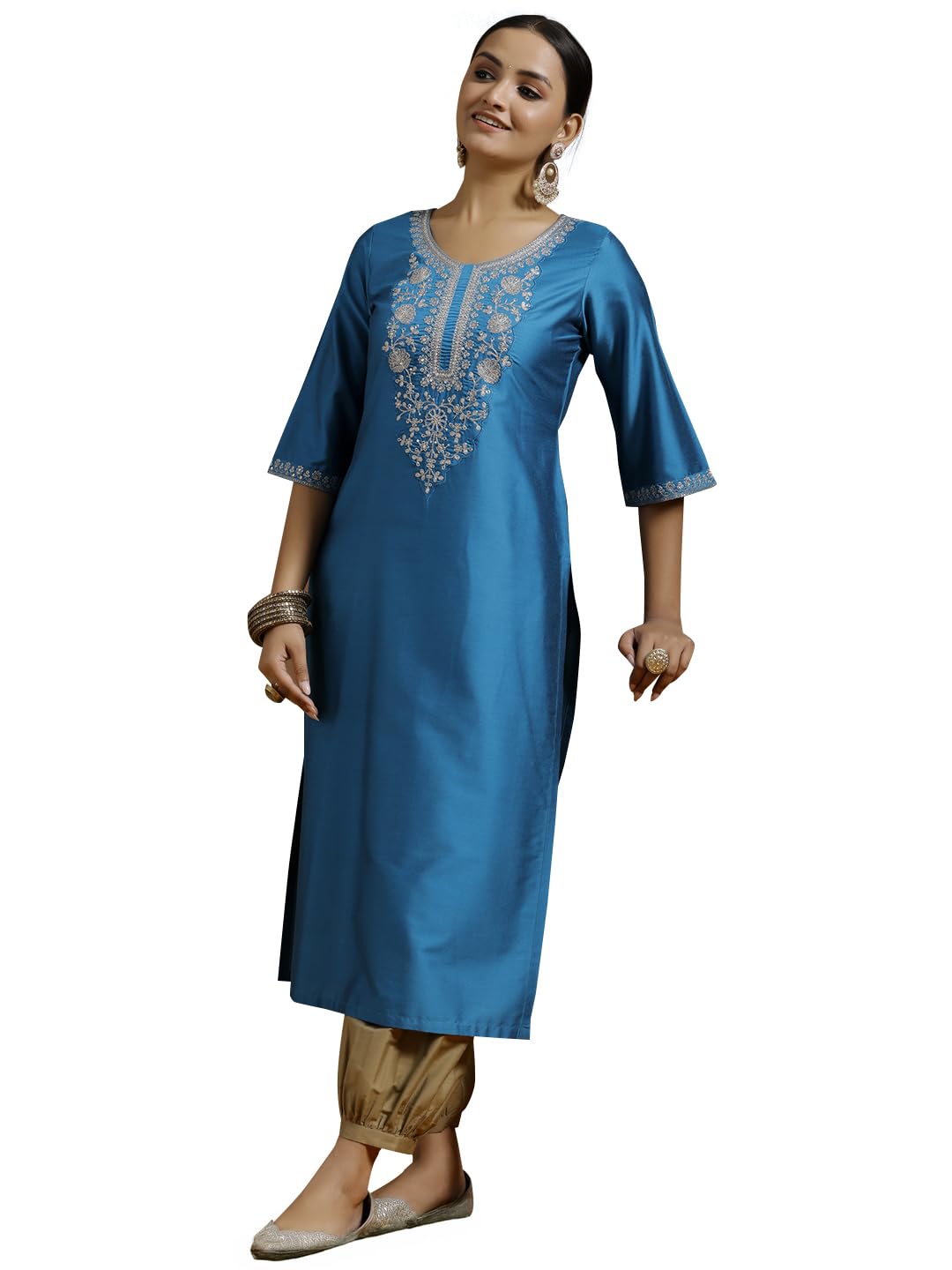 Gerua By Libas Womens Embroidered Silk Straight Kurta For Women
