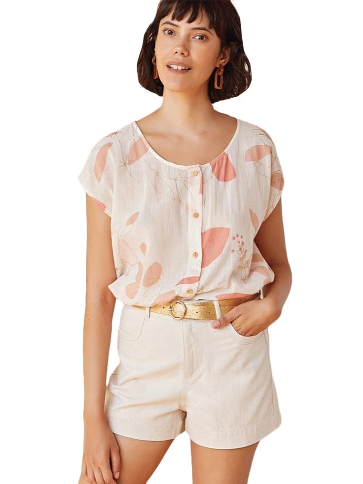 Gosriki WomenS Short Sleeve Shirt Vintage Round Neck Cotton Blend Printed Regular Buttons Top (Catina Cream-Gs_M_Cream_Medium)