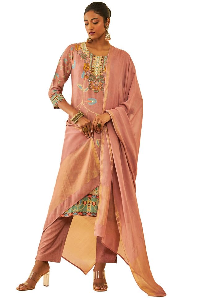 Soch Women Muslin Floral Printed Suit Set with Beads & Thread Work