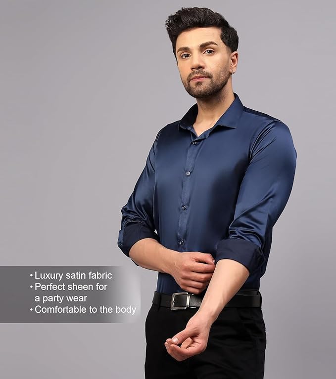 Deelmo Combo Of MenS Stylish Solid Satin Casual Shirt For Men Full Sleeves| Poly Satin Silk Shirt Pack Of 2 Navy-White
