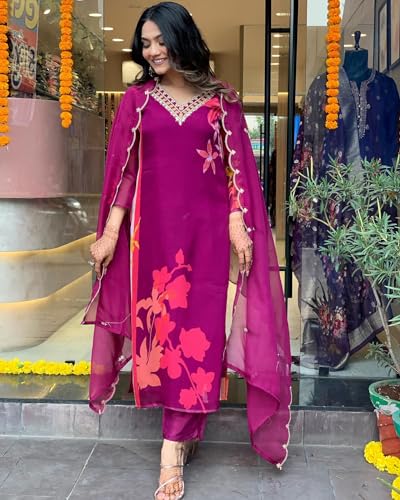 ANNI DESIGNER Womens Cotton Blend Straight Printed Kurta with Pant & Dupatta (DAARI Wine_L_Wine_Large)