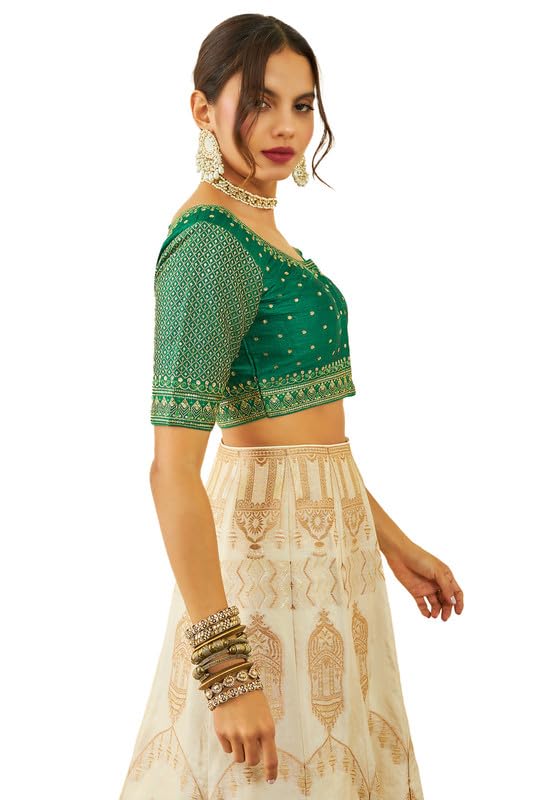 Soch Womens Green Tussar Sequin Embellished And Embroidered Front-Open Blouse