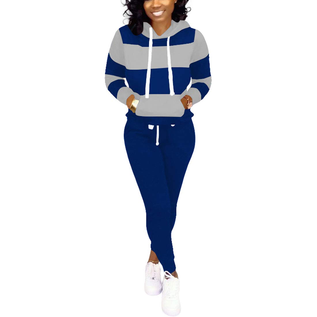 Nimsruc Women's Two Piece Outfits Workout Pants Sets Casual Jogging Suits Long Sleeve Tracksuit Blue Gray L