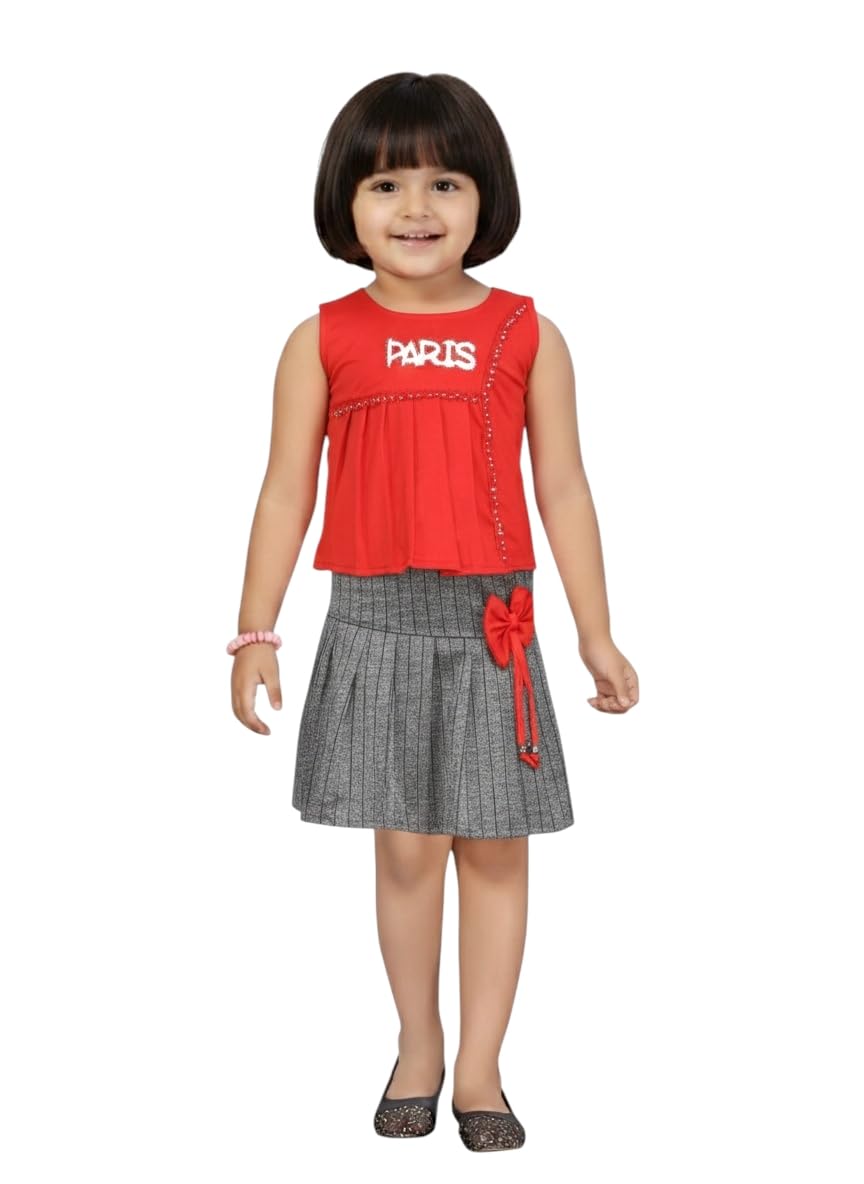 Aarika Girls Red-Grey Colour Blended Skirt Top-(3-9 Years)-(Oct_Dr-1612-Red-26)