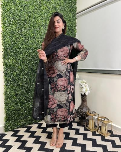 ANNI DESIGNER Womens Cotton Blend Straight Printed Kurta with Pant & Dupatta (Poona Black_4XL_Black_XXXX-Large)