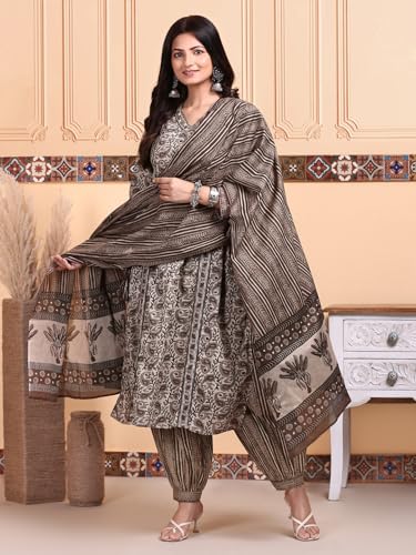 Ishin Kalamkari Printed Kurta With Trouser & Dupatta | Kurta Set For Women | Kurta With Trousers And Dupatta
