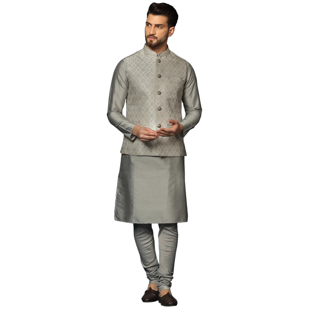 Kisah MenS Silver Kurta Jacket Churidar Set Cotton Blend, Woven Design, Full Sleeves, Straight, Regular Fit, Mandarin Collar Et