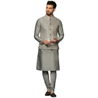 Kisah MenS Silver Kurta Jacket Churidar Set Cotton Blend, Woven Design, Full Sleeves, Straight, Regular Fit, Mandarin Collar Et