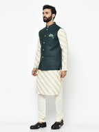 Kisah Men Green Gold Printed Kurta With Churidar Nehru Jacket, Full Sleaves, Knee Length, Straight, Regular Fit, Mandarin Collar