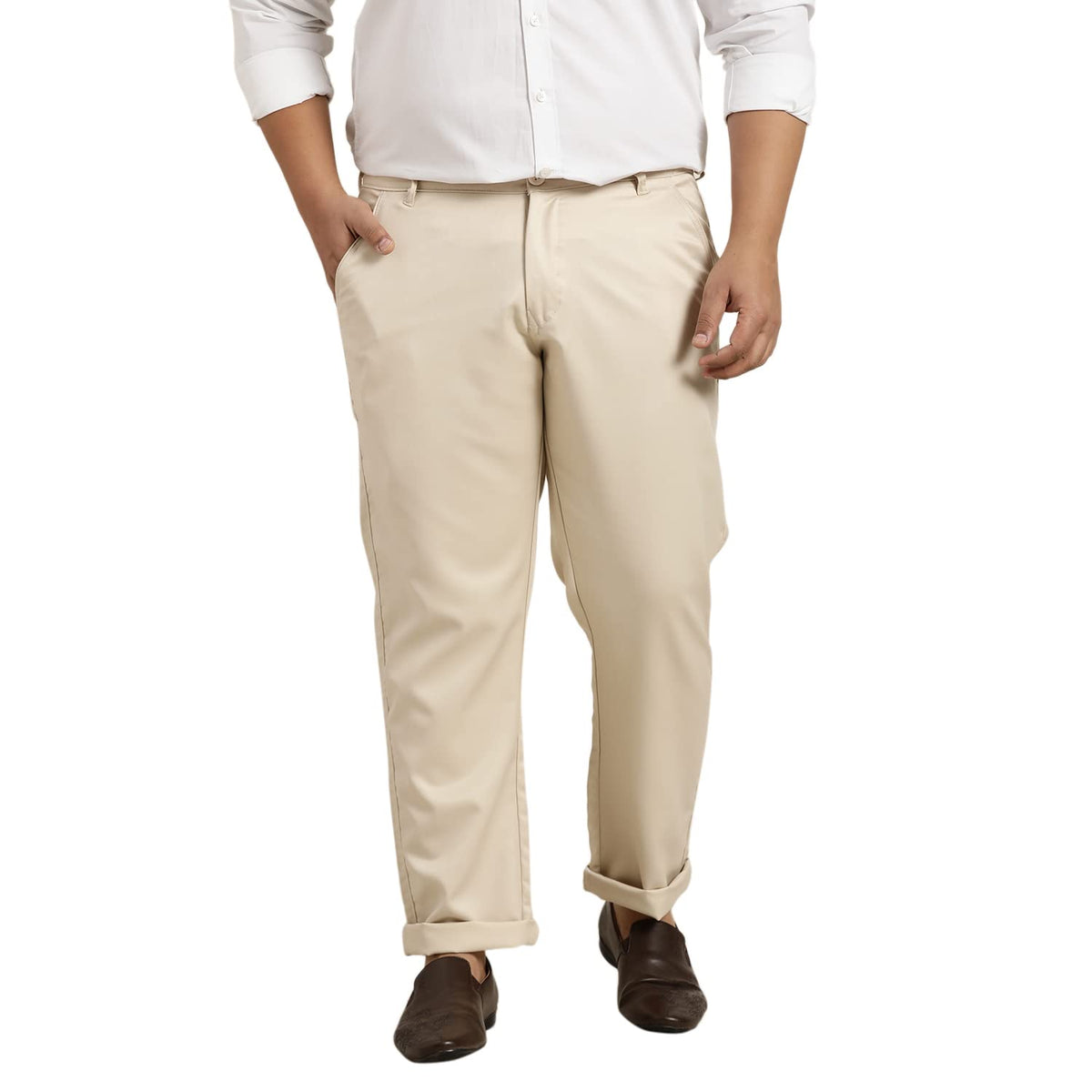 SOJANYA Plus (Since 1958) Mens Cotton Blend Beige Solid Trousers, Size: 44