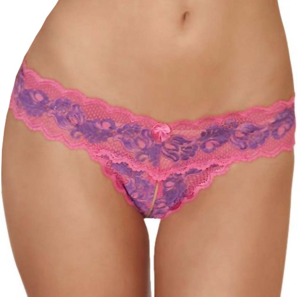 Rene Rofe Women's Crotchless Lace V Thong, Fuschia/Purple, Small/Medium