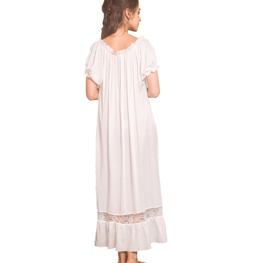 Flaydigo Women Nightdress,Short Sleeve Vintage Nightgown Victorian Sleepwear Lounge Dress, White, Large