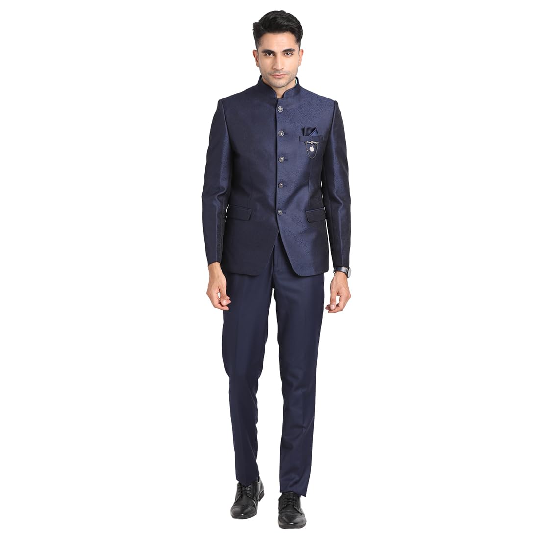 Turtle Men Terry Rayon Mandarin Collar Tailored Fit Blue 2 Piece Party Suits